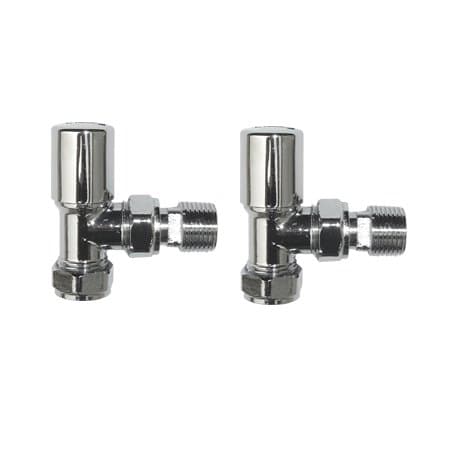 Image of iBathUK Essence Angled Radiator Valve Pair, Round ABS Head, Brass Bathroom Radiator Valves for Towel Rails, Panel & Column Radiators, Modern Wall or Floor Mounted Heating Accessories in Chrome, 15mm