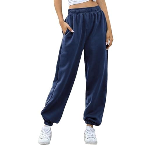 Image of Nuofengkudu Women's Plain Baggy Fleece Tracksuit Bottoms Warm Harem Joggers Pants with Pockets Elastic Waist Thermals Tapered Leg Sweatpants Running Workout Casual Lounge Wear(F-Navy,2XL)
