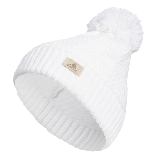 Image of Adidas Womens Twilight Ballie Beanie – Standard Fit Cuffed Winter Knit Hat with Pom, White/Clear Onix Grey F23, One Size