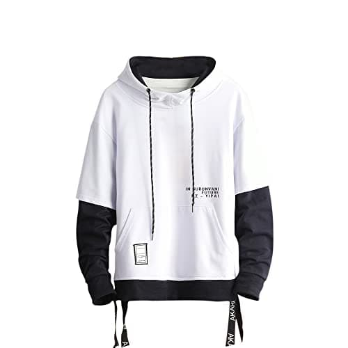 Image of GURUNVANI Contrast Color Pullover Hoodie Mens Patchwork Hoodies Men White