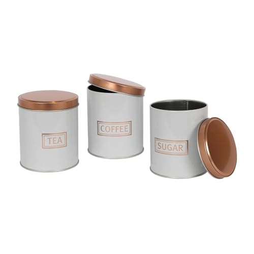 Image of Harbour Housewares 3pc Tea Coffee Sugar Canisters Set – White & Copper Round Metal Kitchen Storage Tins with Airtight Lids – Modern Industrial Food Caddy Containers for Countertop Organisation