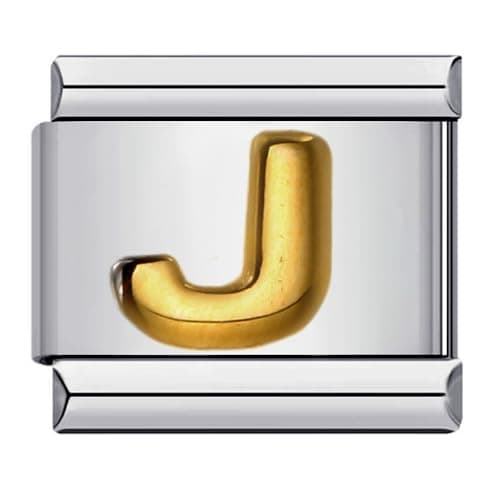 Image of Mon & Sons A - Z Yellow Gold Letter Initial Name Alphabet Personalised Birthday Charm Silver 9mm Italian Link Compatible With Modular Bracelet (J Gold)