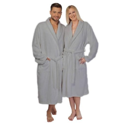 Image of HOUSEGADS BathRobe 100% Cotton Terry Towelling Robe Shawl Collar Gown Luxury and Super Soft Unisex Bathrobe for Men & Women Cozy Gown Hotel & Spa Quality (UK, Alpha, M, Regular, Regular, Silver)