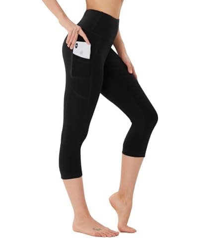 Image of FOTOCITI Cropped Leggings for Women with Pockets 3/4 High Waisted Capri Black Trousers with Tummy Control for Workout Yoga Activewear Running Sports