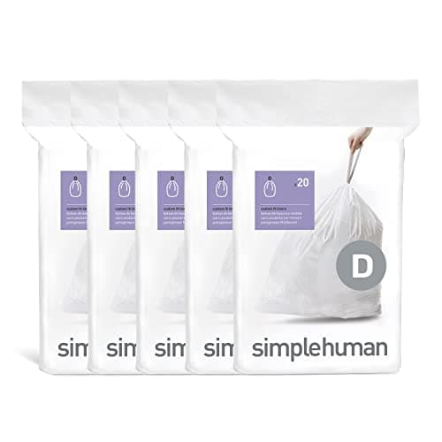 Image of simplehuman Code D 100 Liners, 50% Recycled Custom Fit Bin Bags in Dispenser Packs, Durable Drawstring Tie Handle, 20L, White
