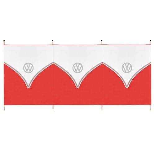 Image of Board Masters Volkswagen Windbreak for Beach, Camping or Garden, VW 4 Pole Windbreaker Camping Sun Shade, Wooden Poles, L290cm x H120cm, Red