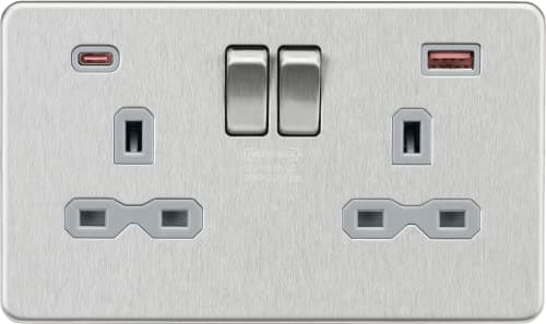 Image of Knightsbridge 13A 2G DP Switched Socket with Dual USB A+C [45W FASTCHARGE] - Brushed Chrome with grey insert