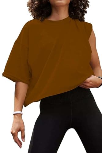 Image of AirMood Oversize Workout Crop Tshirt Tops Oversized Casual Basic Loose Fitted Tees T-Shirts (Brown,M)