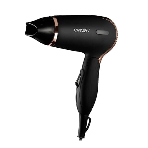 Image of Carmen Noir Lightweight Travel Hair Dryer with Concentrator Nozzle and Foldable Handle, Travel Bag, Luxury Soft Touch Finish 1200W, Black and Copper C80020COP