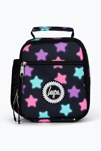 Image of hype Unisex Lunch Box, Black with Pink, Purple & Blue Glow Stars, School Bag for Kids, Stylish Lunch Bag with Bottle Holder, 3 Storage Compartments, Inside Thermal Lining & Grab Handle