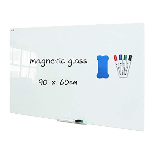 Image of XIWODE Magnetic Glass Dry Erase Board, 90 x 60cm, Wall Mounting Tempered Glass Whiteboard, Frameless, White Frosted Surface