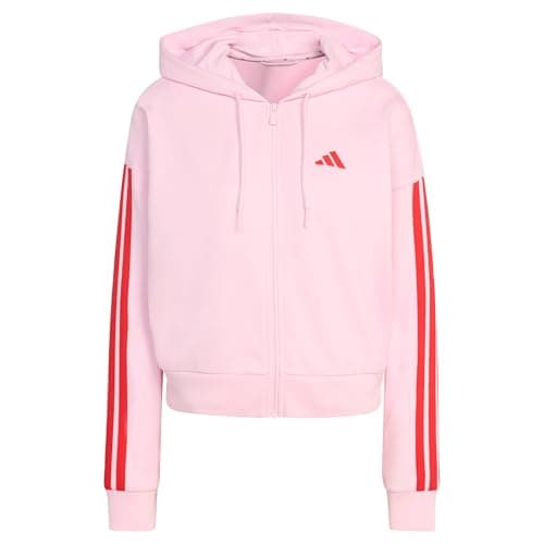 Image of adidas Women's ESSENTIALS 3-STRIPES FRENCH TERRY FULL ZIP HOODIE, clear pink/pure ruby, XS