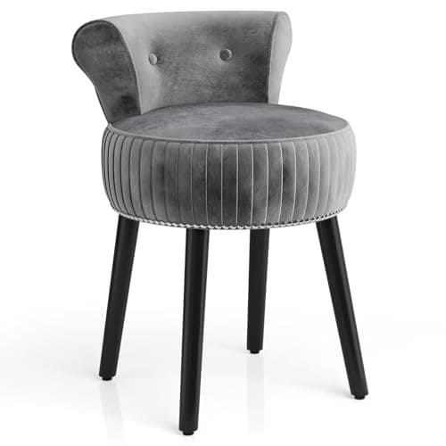 Image of COSTWAY Dressing Table Stool, Upholstered Velvet Vanity Stool Chair Footrest with Rubber Wood Legs and Tufted Low Back, Comfy Accent Makeup Chair Seat Footstool for Bedroom Living Room (Grey)