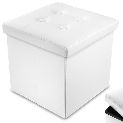 Image of Nyxi Foldable Ottoman Storage Box, 38x38x38cm, 40L Capacity, Faux Leather, Multi-Purpose Seat, Foot Stool, Storage Organizer with Lid for Kids Toys, Bedroom, Hallway, Living Room White