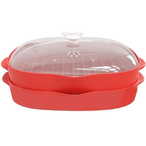 Image of Microwave Bacon Rack Cooker, 2 PCS Grill Tray with Splatter Lid, Large Capacity, Suggest Dishwasher Clean, 9inch, RED