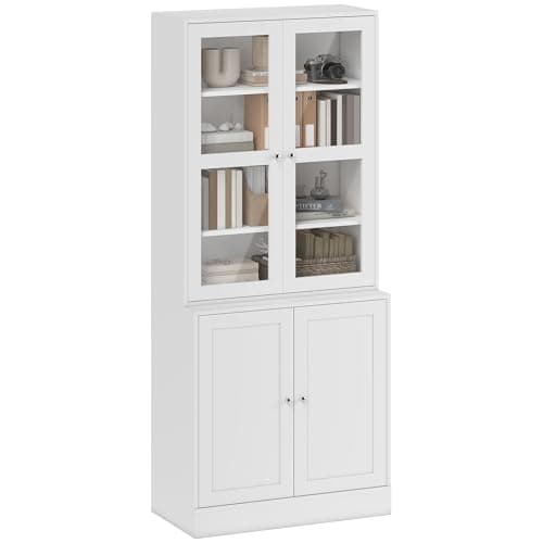 Image of HOMCOM Modern Bookcase with Glass Doors, Display Storage Cabinet with Adjustable Shelves for Living Room, Study, Home Office, Kitchen Cupboard with Small Open Counter, White