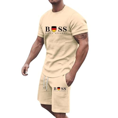 Image of NNGOTD Men's Summer Sports Tracksuit Sets Tracksuits Shorts Set Casual Running Sport Sweat Activewear with Pockets Gym Outfits Lapel Activewear Sweatsuits(Khaki,L)