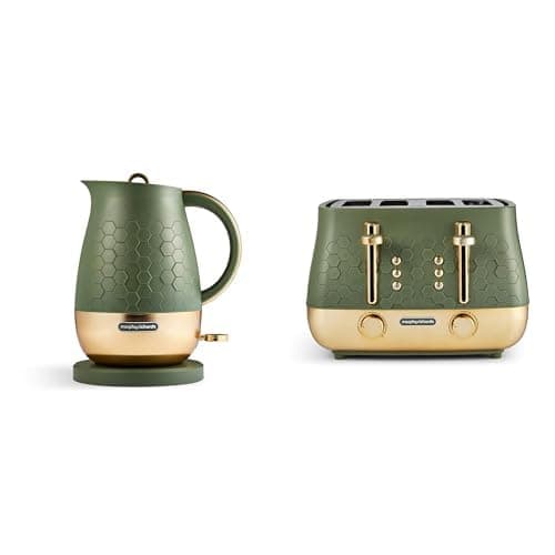 Image of Morphy Richards Cassini Kettle and Toaster Bundle, 1.7L,3Kw Rapid Boil, Precision Pour Spout Kettle & 4 Slice Variable Browning and Width Slots Toaster, Matching Set, Olivine Green, 103022 | 243022