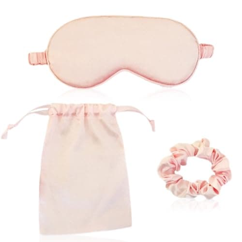 Image of 3 Pcs Silk Eye Mask for Sleeping Set,Pink Eyemask Sleep Masks for Women,Satin Sleep Mask with Silk Scrunchies and Travel Pouch,Soft Blackout,Gift for Girls Ladies Kids Mens,Universal Any Scenario