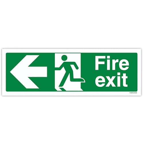 Image of V Safety 14003AX-R Fire Exit Arrow Left Sign, Landscape, Green, 1 mm Rigid Plastic, 300 mm x 100 mm