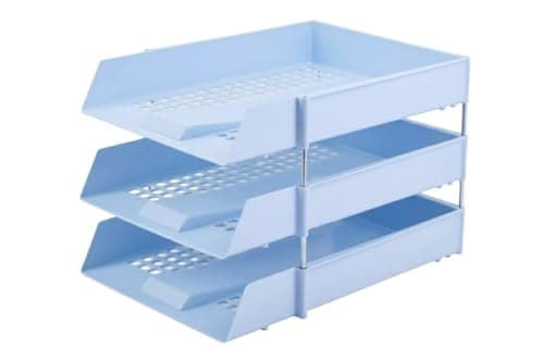 Image of Nobel Plastics Filing Storage Letter Trays with Metal Risers - Desk Tidy Document Paper Filing In & Out - Ideal for School, Home And Offices (Pastel Blue, 3 Trays + 8 Risers)