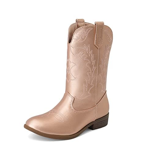 Image of DREAM PAIRS Girls Boys Cowgirl Cowboy Western Boots Kids Mid Calf Riding Shoes Little Kid/Big Kid Size 1 Little Kid Rose Gold SDBO214K