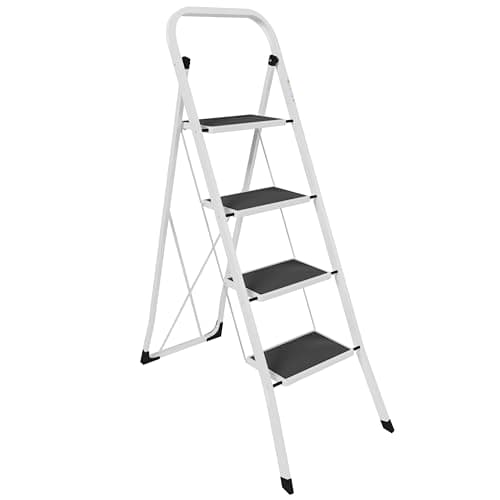 Image of Home Vida 4 Step Ladder - Heavy Duty Steel Folding Ladder with Slip-Resistant and Wide Steps, Folding Mechanism, 150kg Max Load, Home/Kitchen/DIY/Garden Use, White