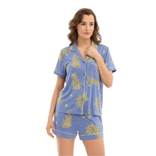 Image of Chelsea Peers Womens Short Sleeve Pyjama Set Leopard Sun 14