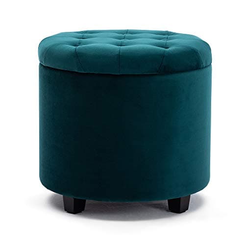 Image of HNNHOME 45cm Round New Velvet Padded Seat Ottoman Storage Stool Box, Footstool Pouffes Chair with Lids (Teal, Velvet)