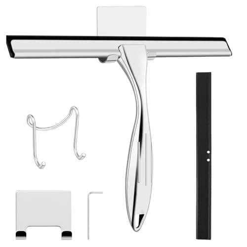 Image of wlich Shower Squeegee, 10 Inch Stainless Steel Window Squeegee Cleaner for Shower Glass Door with 2 Hook, Shower Screen Wiper for Bathroom, Window, Mirror & Car Glass