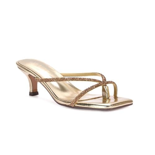 Image of Women's Diamante Sandals Ladies Kitten Low Heel Strappy Toe Post Flip Flop Mule Gold Rhinestore Shoes Size 8