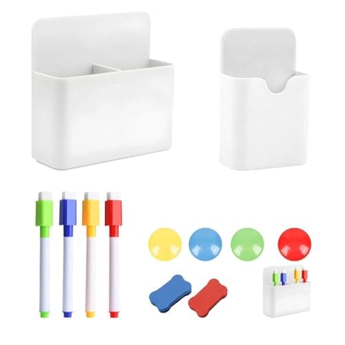 Image of JIUCHAOTONG 2 Pcs Magnetic Whiteboard Pen Holder Set, Pencil Holder Organizer, with Circular Magnetic Particles, Markers Erasable and Whiteboard Eraser, for School Home Office