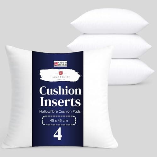 Image of Lancashire Textiles 4 Pack 18" x 18” (45 x 45cm) Quality Microfibre Super Bounce Fibre Cushion Pads Made in Britain with Cotton Blend Casing & Our Luxury Hollowfibre Filling