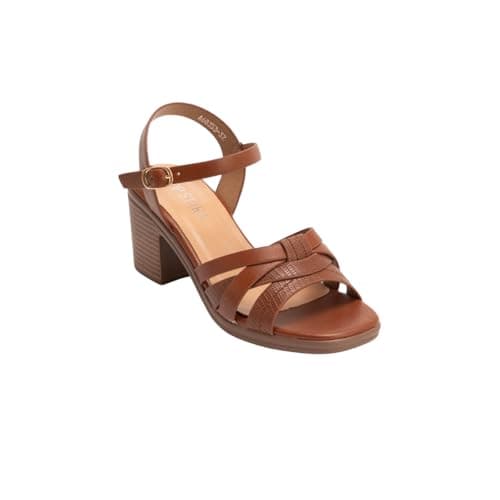 Image of IVACHY Women’s Block Heel Sandals – Comfortable Mid Heel Strappy Summer Shoes with Ankle Buckle – brown, black and white, Casual & Dressy