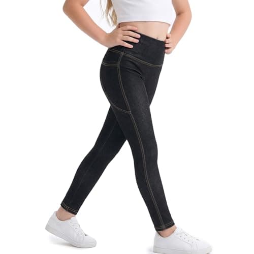 Image of viiotu Girls Jean Look Leggings High Waist Girls Jeggings with Pockets Kids Jeans School Trousers for 5-13 Years (UK, Age, 11 Years, 12 Years, Regular, Black)