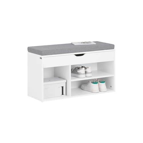 Image of SoBuy Shoe Storage Bench with Padded Seat, Flip Top & 3 Open Compartments for Hallway Entryway, Wooden Shoe Rack with Seat White, 80x30x46cm, Load 120kg – FSR45-HG