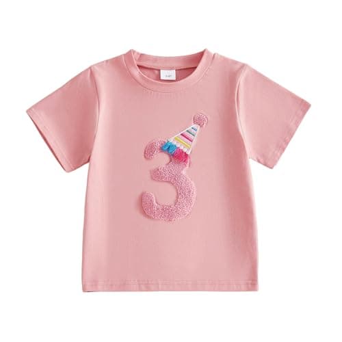 Image of MAHUAOYIXI Baby Girls Birthday Tops for Kids Girls T Shirt Short Sleeve Crewneck Number Embroidery Pullover Toddler Birthday Summer Clothes (Pink Three, 3-4 Years)