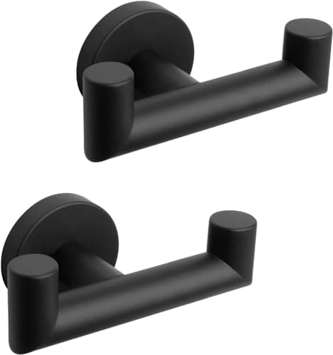 Image of QNIIAED 2 Pcs Double Door Hooks，Bathroom Towel Hooks Screw in SUS 304 Stainless Steel Heavy Duty Robe Coat Hooks Wall Mounted for Bedroom or Kitchen(Matte Black)