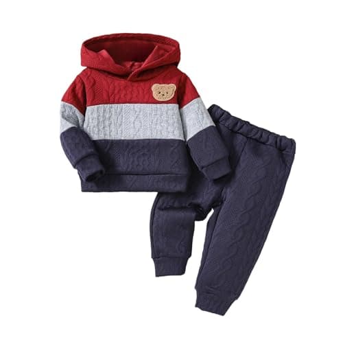 Image of Geagodelia Toddler Baby Boy Fall Winter Clothes Outfits Hooded Bear Embroidery Patchwork Sweatshirt Hoodie Jumper Joggers Trousers Clothing Set Tracksuit (Navy Blue, 6-9 Months)