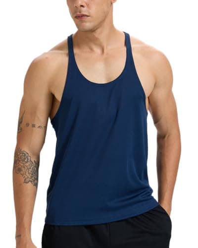 Image of Men's Stringer Tank Top Bodybuilding Gym Vest Y-Back Dry Fit Muscule Cut Sleeveless Shirt Navy Blue L
