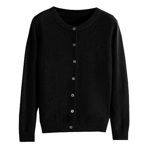 Image of Merino Wool Cardigans for Women UK, Women's Cashmere Cardigan Round Neck Wool Cardigans Long Sleeve Sweaters Knitwear Ladies Elegant Plain Jumpers Top Autumn Winter Thin 01-Black XXL