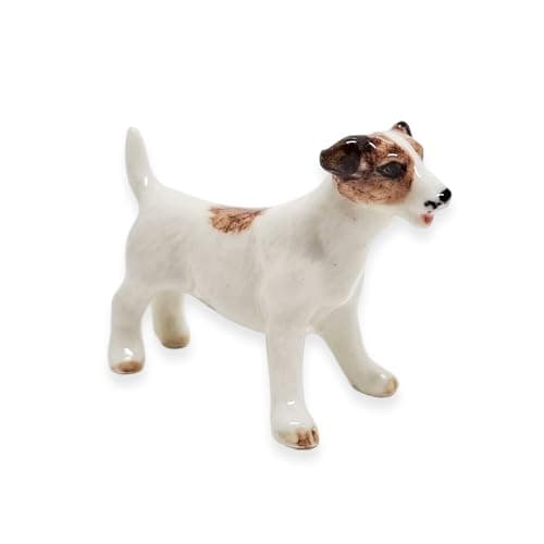 Image of WitnyStore 2" Long Jack Russell Terrier Ceramic Figurine - Tiny Miniature Dog Puppy Figurine Hand Made Painted Porcelain Clay Pottery Collectible Decor Gift