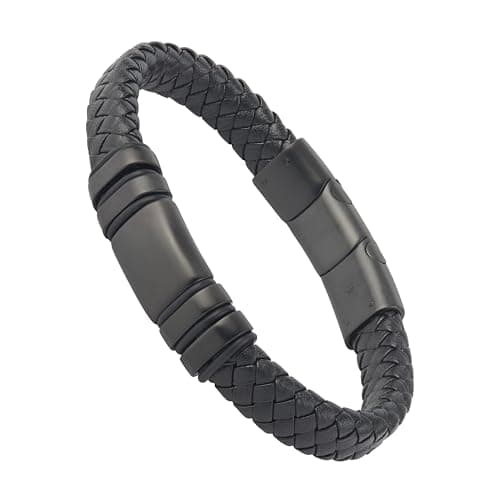 Image of Forge & Foundry Men's Adjustable Black Leather Bracelet | Genuine Woven Leather with Snap Clasp | Design-Led, Artisan Jewellery from London | Single Strand, Brushed Black Clasp, M, Navarro