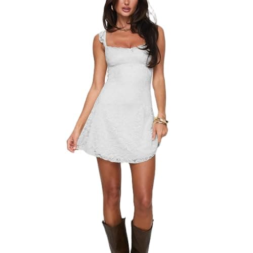 Image of Women's Square Neck Strap Lace Mini Dress Flowy A-Line Ruffle Swing Casual Summer Sundress Party Graduation Dress (White#1, S)