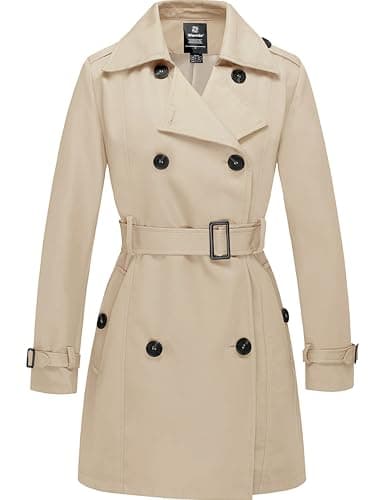 Image of Wantdo Women's Double-Breasted Waterproof Trench Coat Windproof Lightweight Outerwear Coats Belted Shoulder Epaulets Slim Fit Jackets Khaki 14