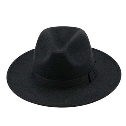 Image of VANTOBEST Classic Black Wide Brim Fedora Hat Panama Hat Felt Church Derby Cap Pork Pie Hat Jazz Hat with Belt for Women Men