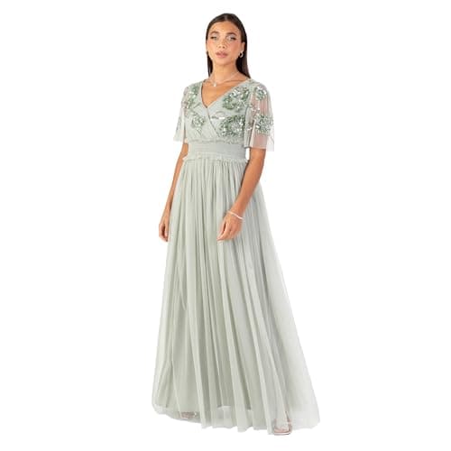 Image of Maya Deluxe Women's Maxi Dress Ladies V-Neck Angel Sleeve Floral Embellished Tulle Shirred Waistline A-line Wedding Guest Bridesmaid, Green Lily, 20