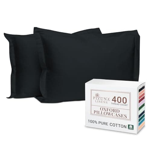 Image of Pizuna 100% Cotton Standard Pillowcases 2 Pack Midnight Black 50x75cm, 400 Thread Count Long Staple Combed Cotton Soft Pillow Cover, Sateen Weave Oxford Pillow Cases (Cooling Pillowcase 2PC)