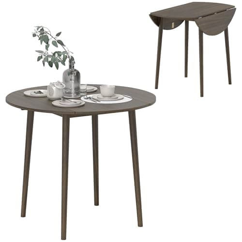 Image of HOMCOM Folding Dining Table for 4, Round Drop Leaf Table, Modern Space Saving Small Kitchen Table with Wood Legs for Dining Room, Grey