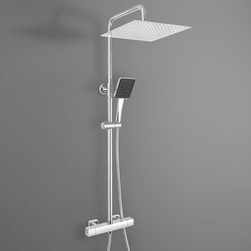 Image of DERW Thermostatic Shower Mixer Set with 12" Square Rainfall Shower Head(304 Stainless Steel), 6 Modes Square Shower Head with Rotating Bracket, Anti-Leak Hose, Anti-Scald,Easy Install (Chrome)